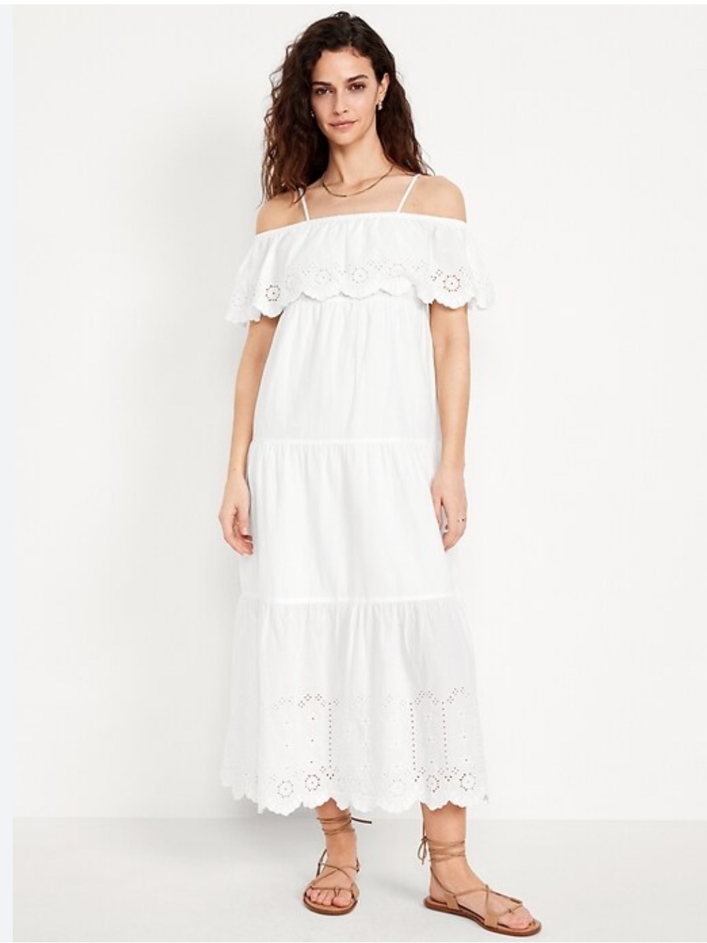 OLD NAVY Eyelet Tiered Maxi Dress White Cotton Sz Large Boho Travel Cottagecore